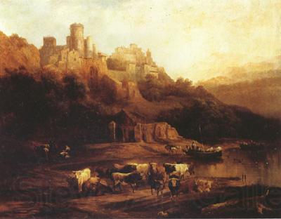 Jenaro Perez Villaamil Herd of Cattle Resting on a Riverbank in Front of a Castle (mk22) France oil painting art